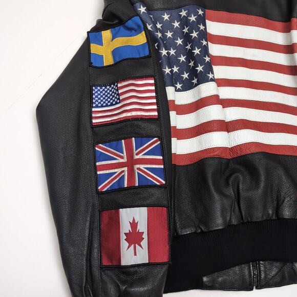 VTG Wilsons Leather Bomber Jacket Men's M Black USA Flag International Flags - Picture 4 of 16